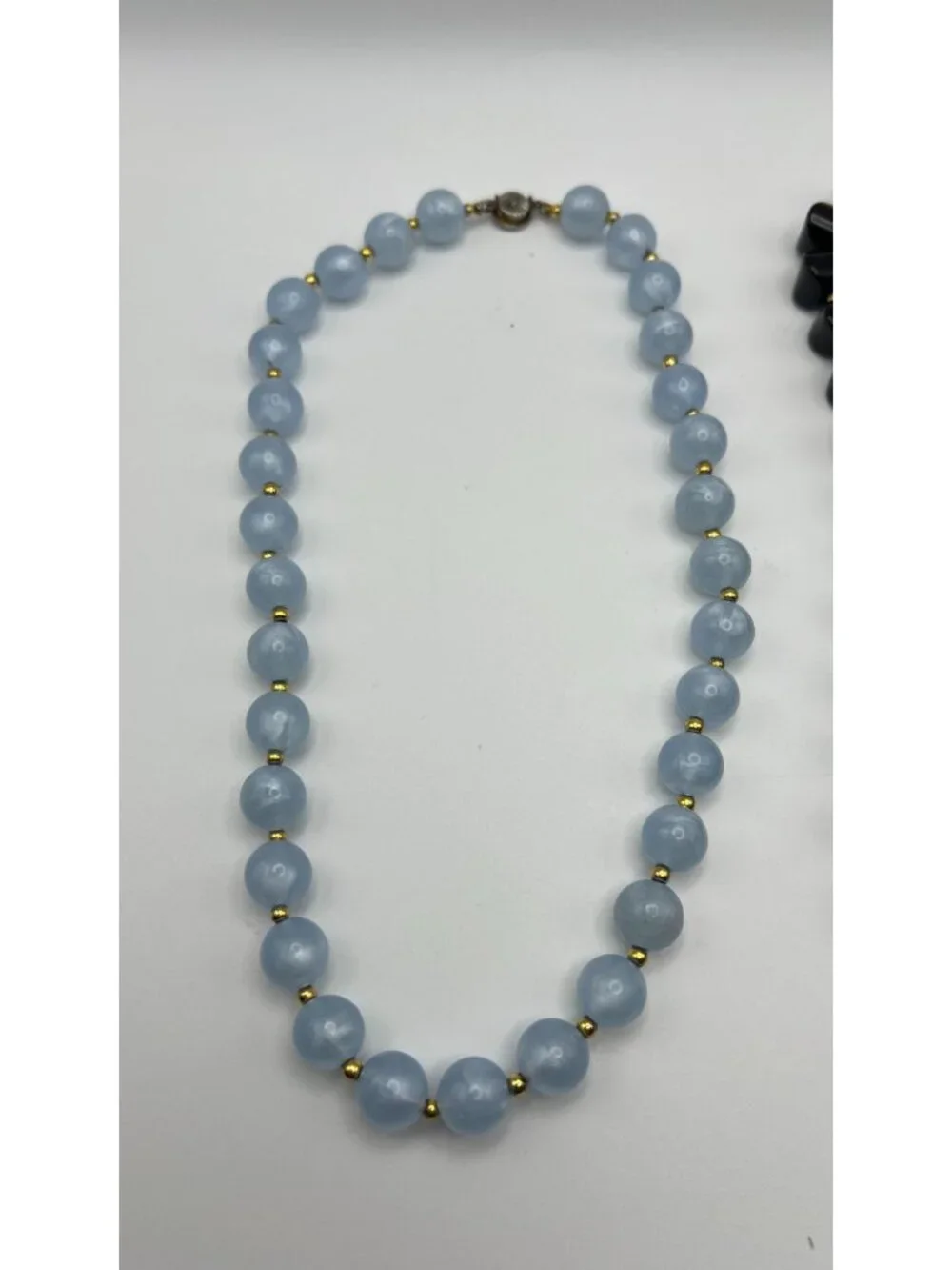 Set Of Vintage Blue & Black Beaded Necklaces With Gold Tone Accents & Secure Cla